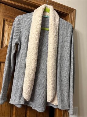 Maurices Gray Ribbed Cardigan with Cream Sherpa Shawl Collar